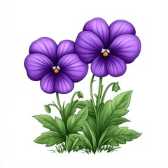 Vibrant Purple Flowers with Green Leaves Displayed on a Clean White Background for Nature Illustration