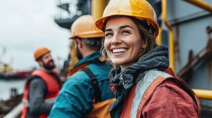 Smiling Worker in Safety Gear on Industrial Site During Daytime