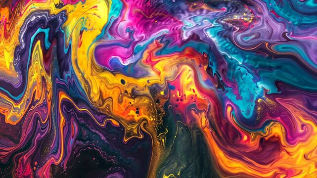 Bunte Farbwellen vermischen sich abstrakt im Raum
