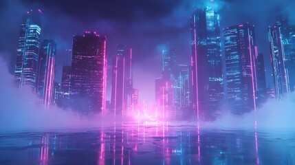 Fototapeta premium Futuristic City Skyline Illuminated by Neon Lights and Reflected in Water Under Misty Atmosphere