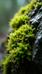 Macro of vibrant green moss on a forest rock, showing lush texture and natural softness in shaded light