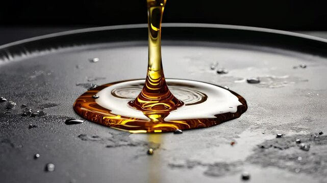 Golden liquid pouring on black surface creating dynamic spreading ripple and reflections under soft lighting