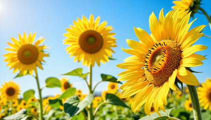 Obraz premium Bright sunflowers blooming in clear blue sky, symbol of joy