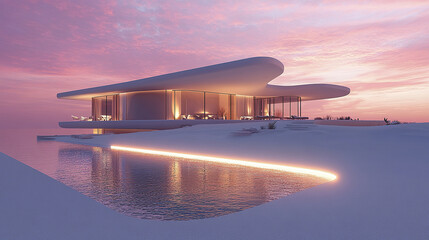 Fototapeta premium modern beach resort house with wide terraces glowing at sunset