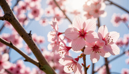 Beautiful cherry blossoms blooming against a blue sky, springtime joy