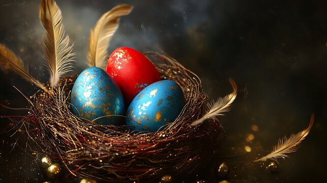 Colorful metallic easter eggs in glittery golden nest with glowing festive bokeh lights on dark background for luxury spring celebration

