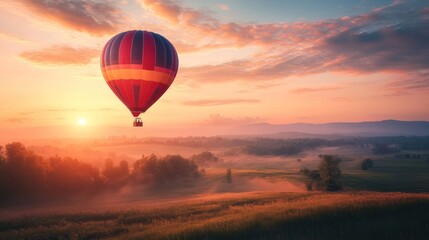Obraz premium Whimsical sunrise flight over tranquil landscape with a vintage hot air balloon