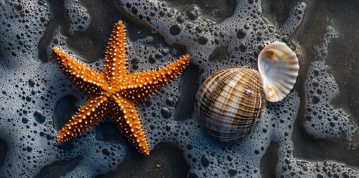 Orange starfish and seashells rest on a sandy beach covered in seafoam creating a peaceful ocean scene. Perfect for travel or nature websites