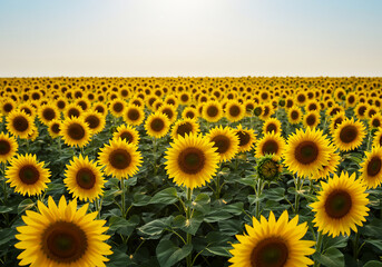 Obraz premium Vast Sunflower Field at Sunset Golden Blooms and Green Leaves Against Clear Sky - Agriculture, Nature.