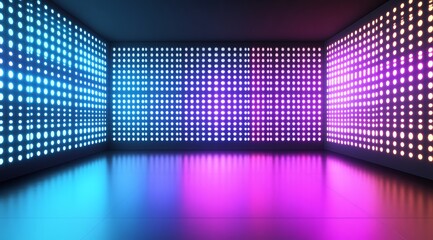 Authentic concave LED display for a wall or platform. Large TV display depicted in a vector illustration with neon blue and purple dot lights. Stadium digital scoreboard with diode lights