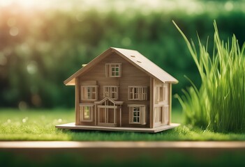 wooden background mockup model house board green grass blackboard empty garden insurance construction mortgage home key movement hunting mock-up advertising immovable credit closeup blank up high