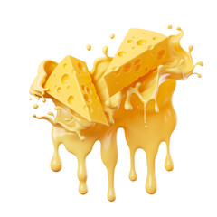 Piece of cheese with Cheese sauce isolated on white background, 3d rendering.