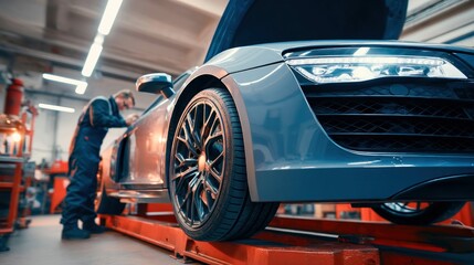 A skilled mechanic inspects a sleek, gray car in a well-lit repair garage.