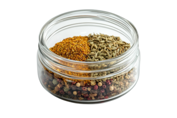 Aromatic spice blend in a glass jar featuring paprika fennel seeds and peppercorns A culinary isolated on transparent background
