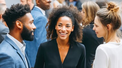 Group of colleagues laughing and chatting at a work event, showcasing camaraderie and connection.