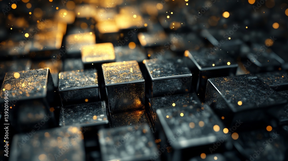 Wall mural abstract background of dark cubes with golden glitter and bokeh lights in a shallow depth of field