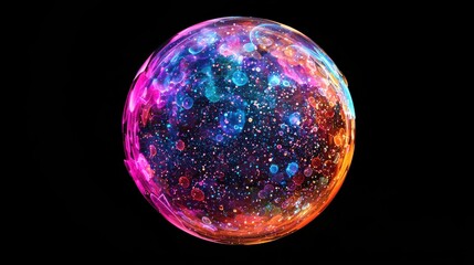Obraz premium Vibrant Cosmic Bubble Reflecting Space with Swirling Colors and Stars Against Black Background