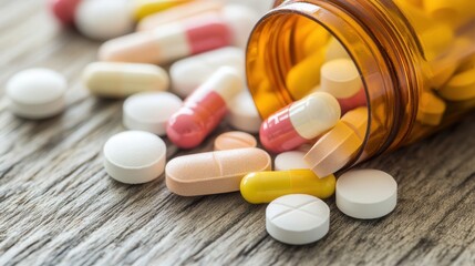 Assorted pills and capsules spilling from a bottle on a wooden surface