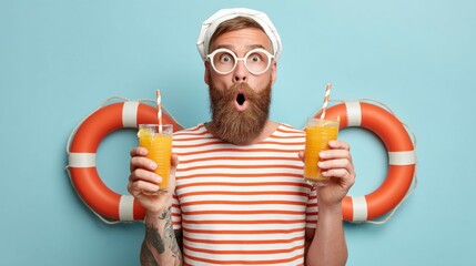 A bearded man in a sailor hat is surprised while holding two orange juice drinks.