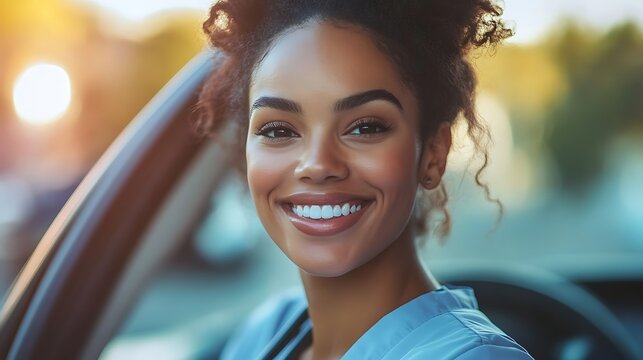 young adult female nurse leaving work and getting in her car with a smile creating a healthcare and medical concept of commute and workday completion