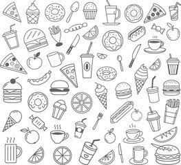 Hand Drawn Food and Drink Doodle Icon Set – Vector Illustrations of Fast Food, Snacks, Coffee, Tea, Desserts, Fruits, and Kitchen Elements for Menus, Blogs, Planners, and Creative Projects