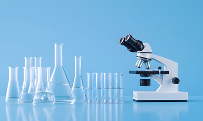 Microscopio y material de laboratorio sobre fondo azul, representando ciencia, investigación y precisión en un entorno limpio y moderno