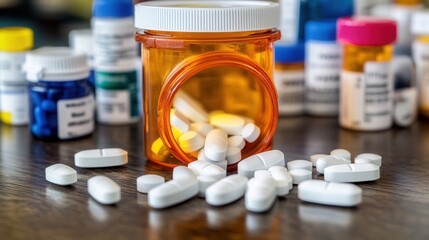 Assorted pills spilling from an orange container