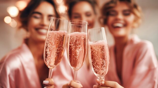 Three women raise champagne flutes in a toast, smiling brightly, celebrating together.