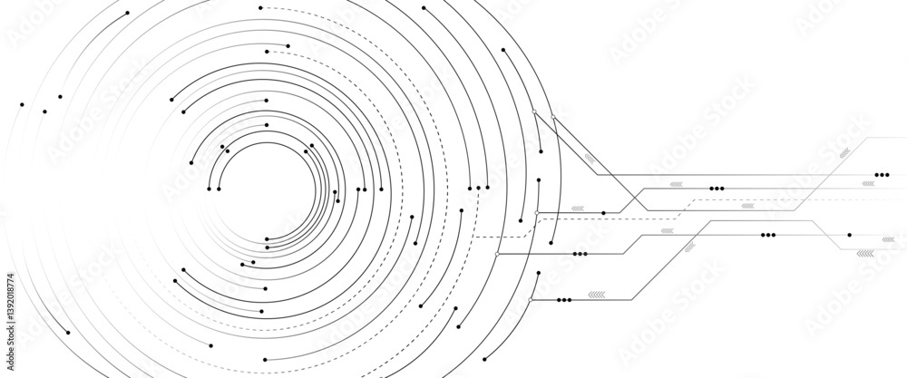 Poster vector futuristic technology background with white circle circuit wires on light blue motherboard.