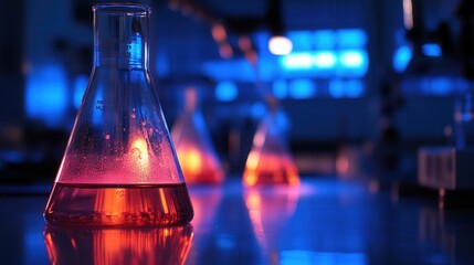Beaker with glowing orange liquid in a lab