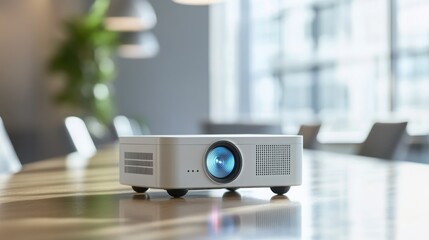 Modern Projector on Wooden Table in Bright Office Environment