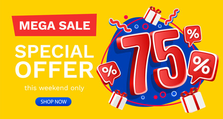 Naklejka premium 75 percent Special offer mega sale, Check and gift box. Sale banner and poster. Vector illustration.