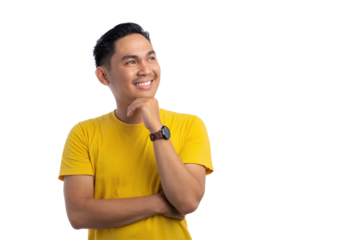 Happy Asian young man looking aside at empty space, touching chin, thinking of new good opportunities isolated on transparent background