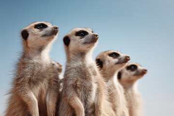 Group of curious meerkats on lookout in their natural desert habitat.

