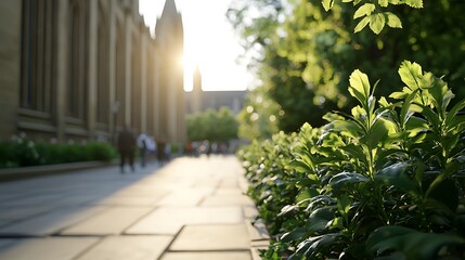 Obraz premium A serene walkway lined with vibrant green plants, bathed in warm sunlight, juxtaposed against a beautifully structured building in the background.