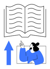 Open book with lines, person pointing upward, and blue arrow symbolizing learning, progress, and growth. Ideal for education, success, guidance, inspiration self-improvement training flat simple