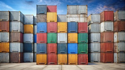 Fototapeta premium Colorful Shipping Containers Stacked Against a Concrete Wall Background
