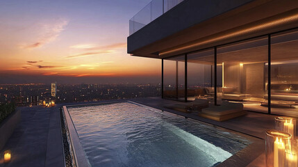 Obraz premium Modern rooftop penthouse with infinity pool at sunset, offering serene city view