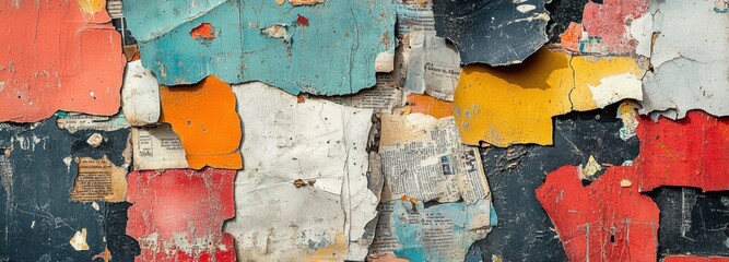 Colorful layers of flaking paint reveal a decayed surface, with areas of vibrant hues and textures blending into one another. This artistic decay tells a silent story of time