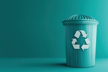 A turquoise colored trash can displaying a recycling symbol