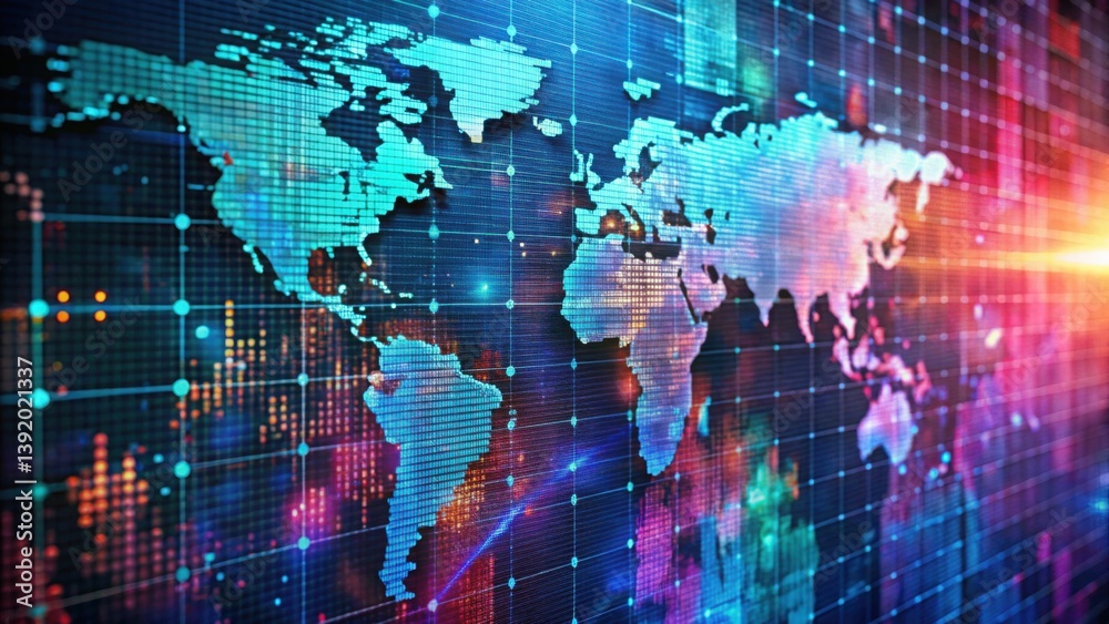 Poster digital global map with glitch effect and vibrant colors