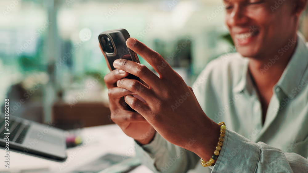 Aufkleber hands, phone and man in office with contact, communication or social networking with chatting. techn