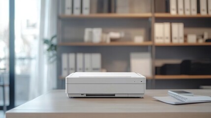 Modern Office Setup with Printer on Desk in Bright Workspace