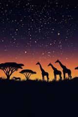 Beautiful silhouettes of giraffes and the african savanna at twilight