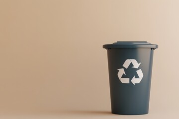 A simple dark colored recycling bin with an illustrative symbol