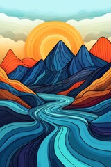 Fototapeta premium Stylized landscape illustration with mountains river sun and clouds in vibrant colors.