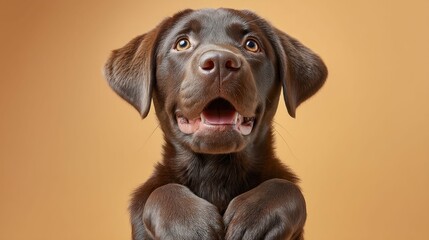 A happy chocolate labrador puppy with an open mouth and paws crossed in a studio shot.