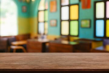 Wooden Table with Blurred Cafe Interior and Colorful Windows in Background, Inviting Atmosphere for Dining Experience