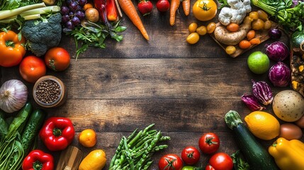 Colorful assortment of fresh vegetables and fruits arranged on a wooden surface
