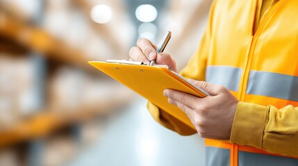 Taxed Goods Warehouse worker in safety gear taking notes on a clipboard.